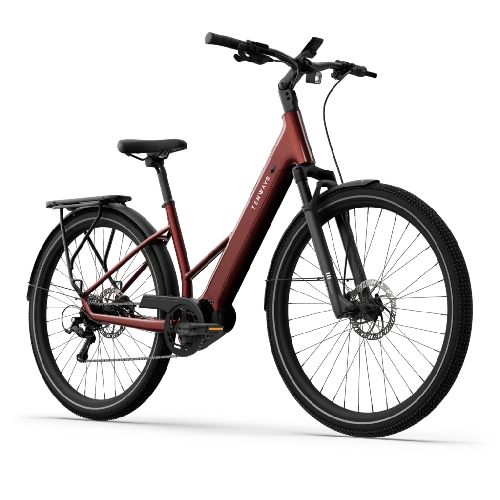 tenways-agoair-velvet-red-zijaanzicht – Moderne e-bike in Velvet Red met middenmotor