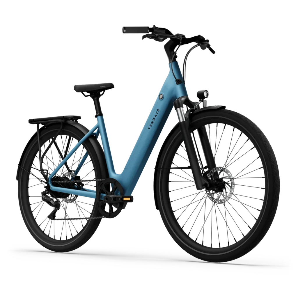 tenways-cgo800plus-sky-blue-zijkant – Moderne e-bike met comfortabele zitpositie in Sky Blue